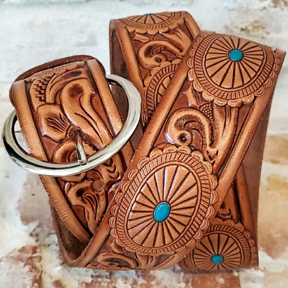 Accessories - Tan Leather Tooled Belt with Blue Leather Ovals